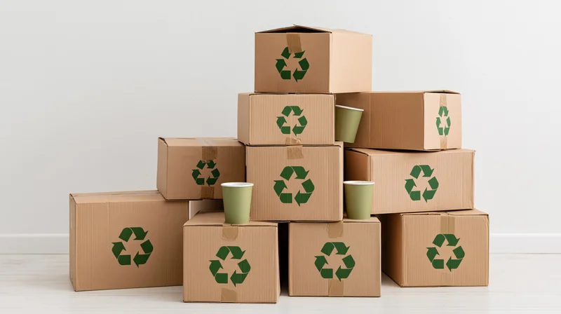 Stack of cardboard boxes with recycling symbols and green cups on white floor and wall