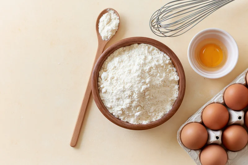 Flour in a wooden bowl with eggs, spoon and whisk on a kitchen countertop