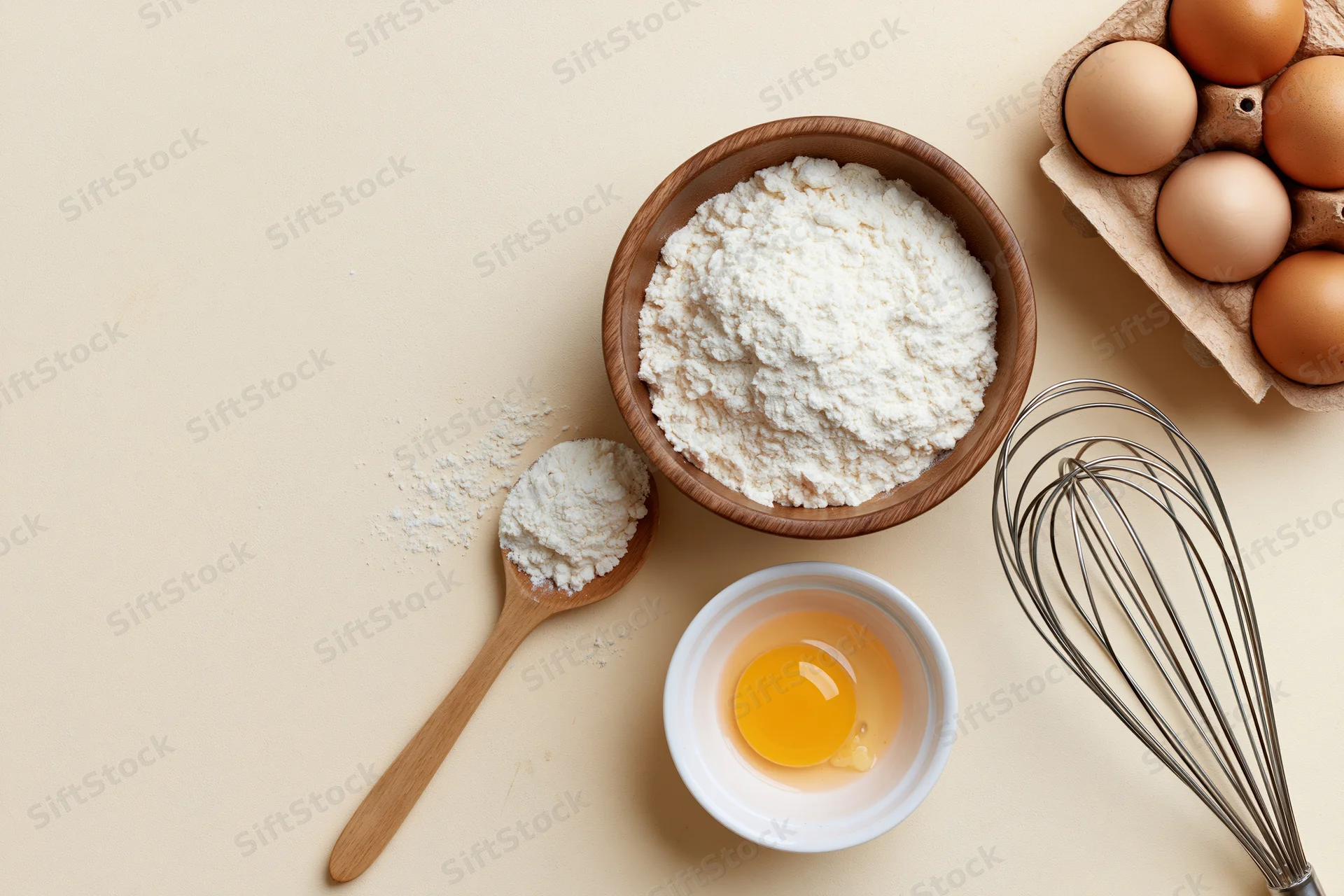 Baking ingredients arranged on a beige surface with flour in a wooden bowl, eggs in a carton, a whisk, and a spoon with flour, viewed from above