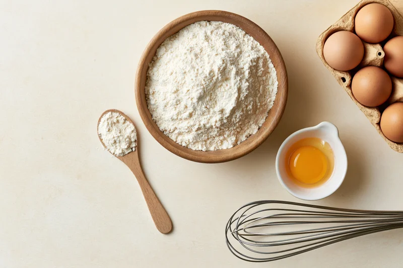 Flour in a wooden bowl with eggs, spoon and whisk on a countertop