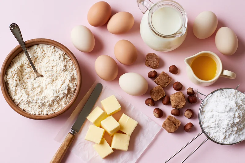 Baking ingredients arranged on pink surface with flour, eggs, butter, milk, sugar, hazelnuts, sifter, bowl, knife and spoon in overhead flatlay view