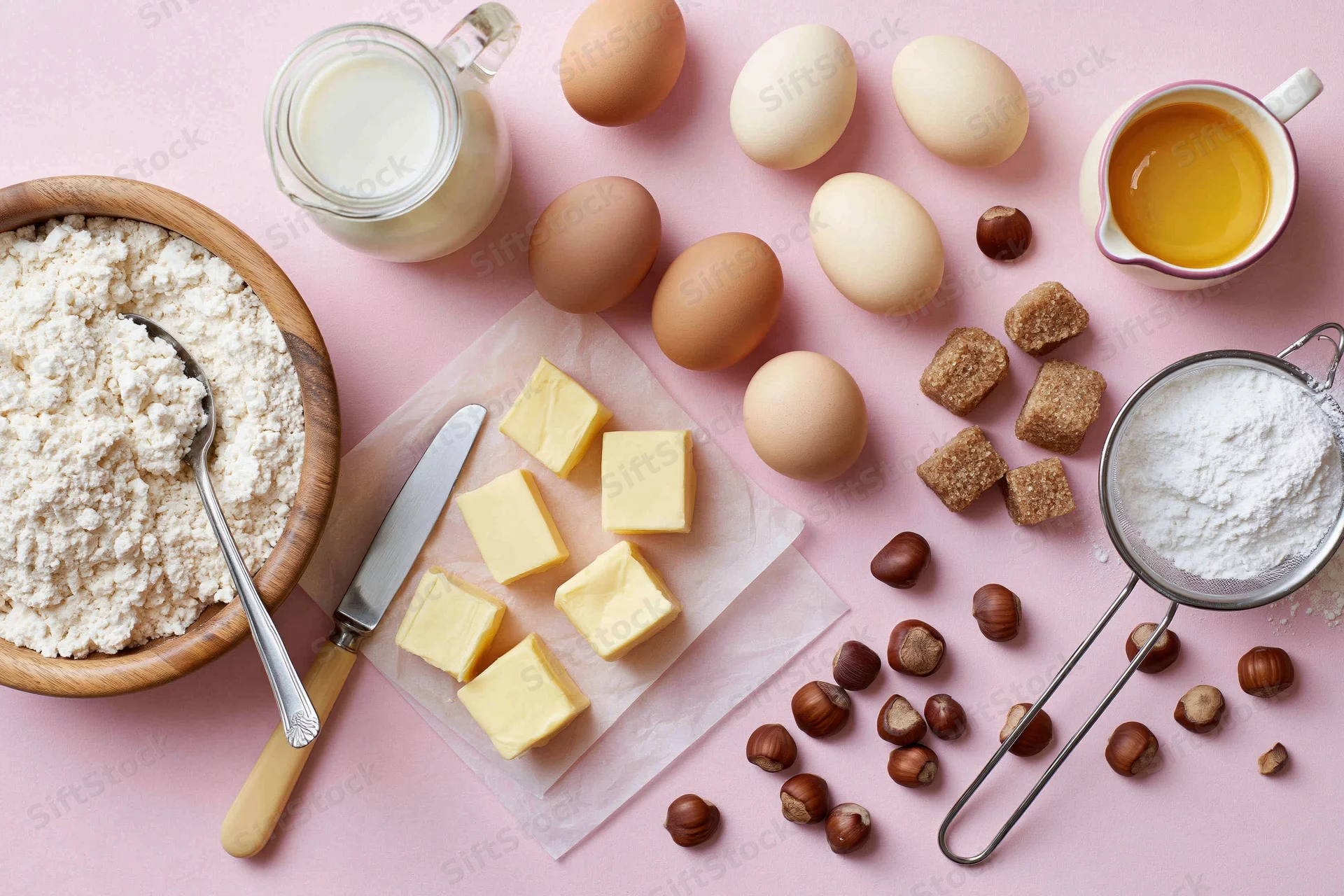 Baking ingredients arranged on pink surface in overhead flatlay view