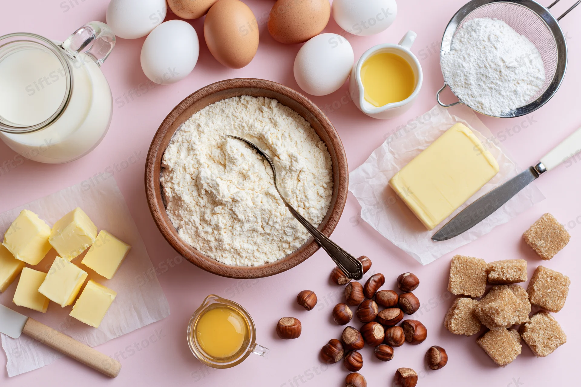 Baking ingredients arranged on pink surface with copyspace