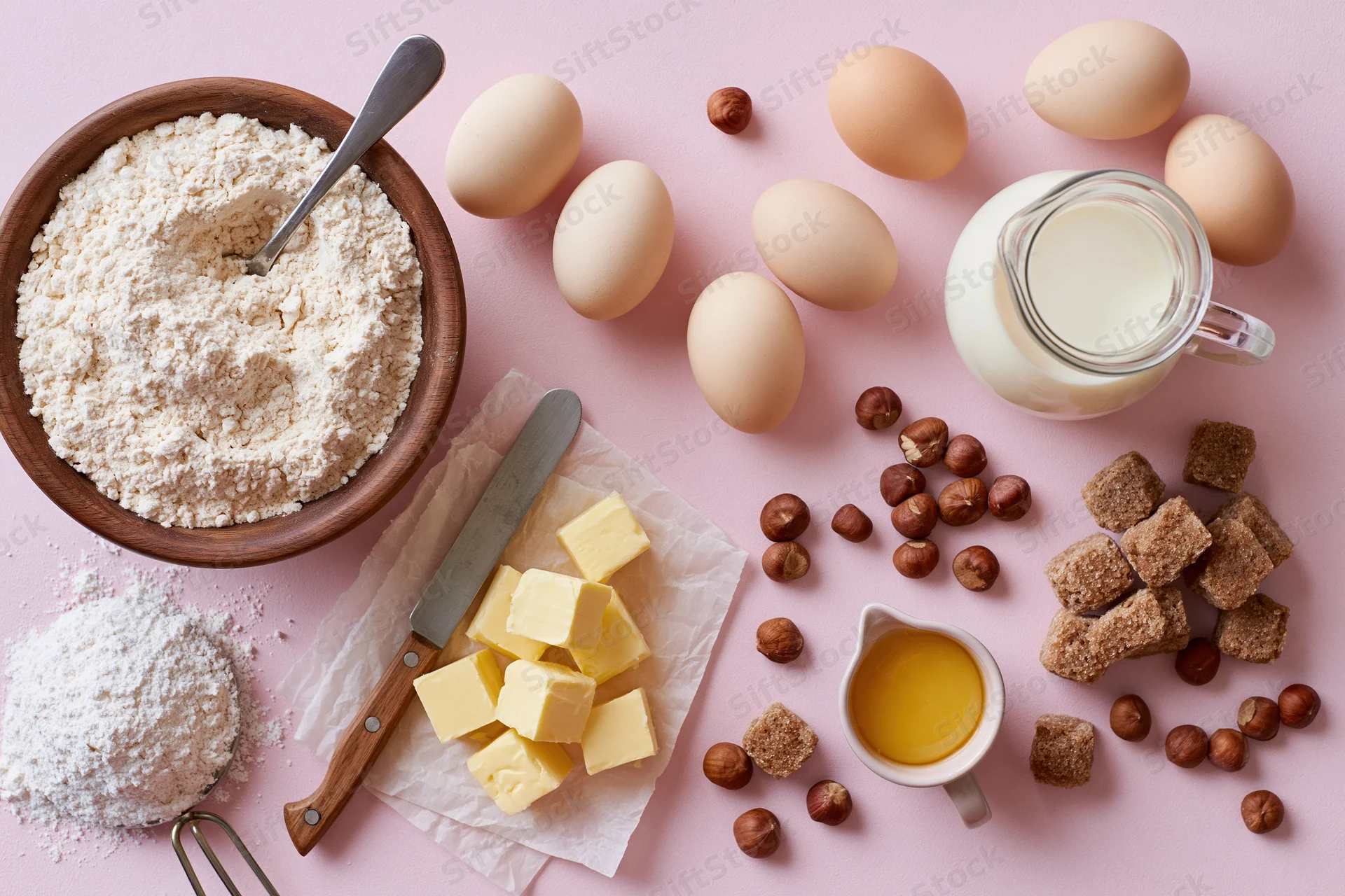 Baking ingredients arranged on pink surface including flour, eggs, butter, milk, sugar, hazelnuts, and vanilla in bowls and containers