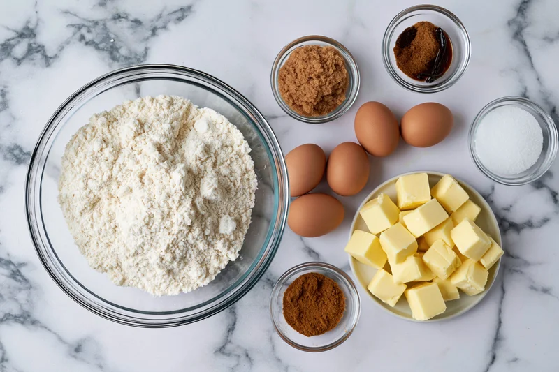 Baking ingredients arranged on a marble countertop for recipe preparation