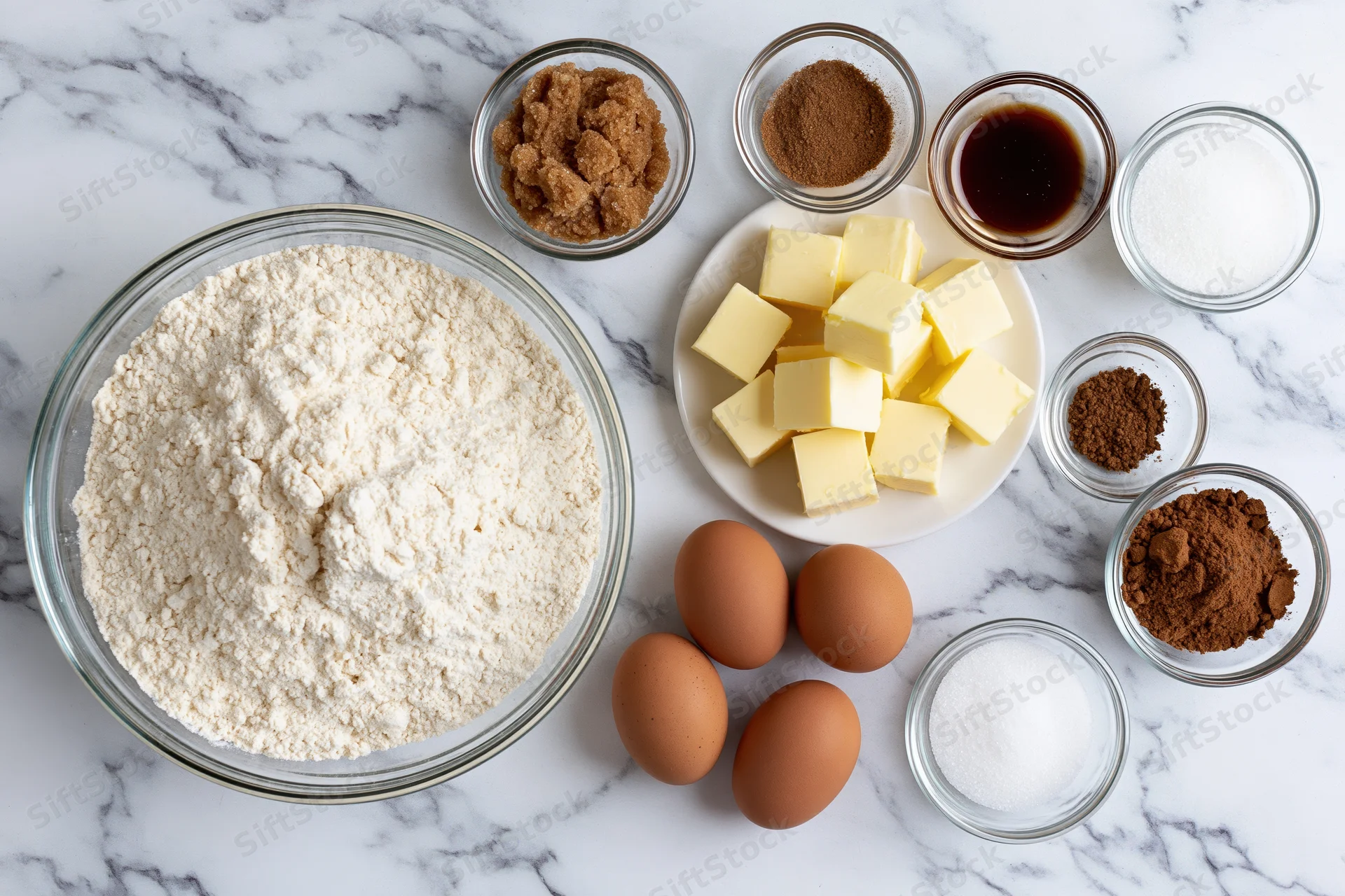 Baking ingredients arranged on a marble countertop for dessert preparation