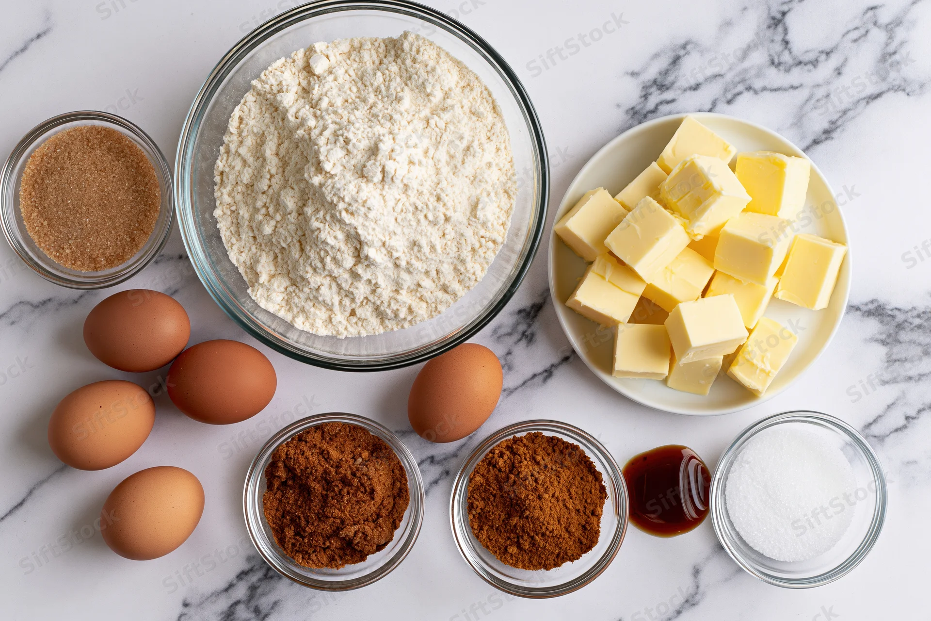 Baking ingredients arranged on a marble countertop for recipe preparation