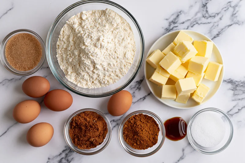 Baking ingredients arranged on a marble countertop for recipe preparation