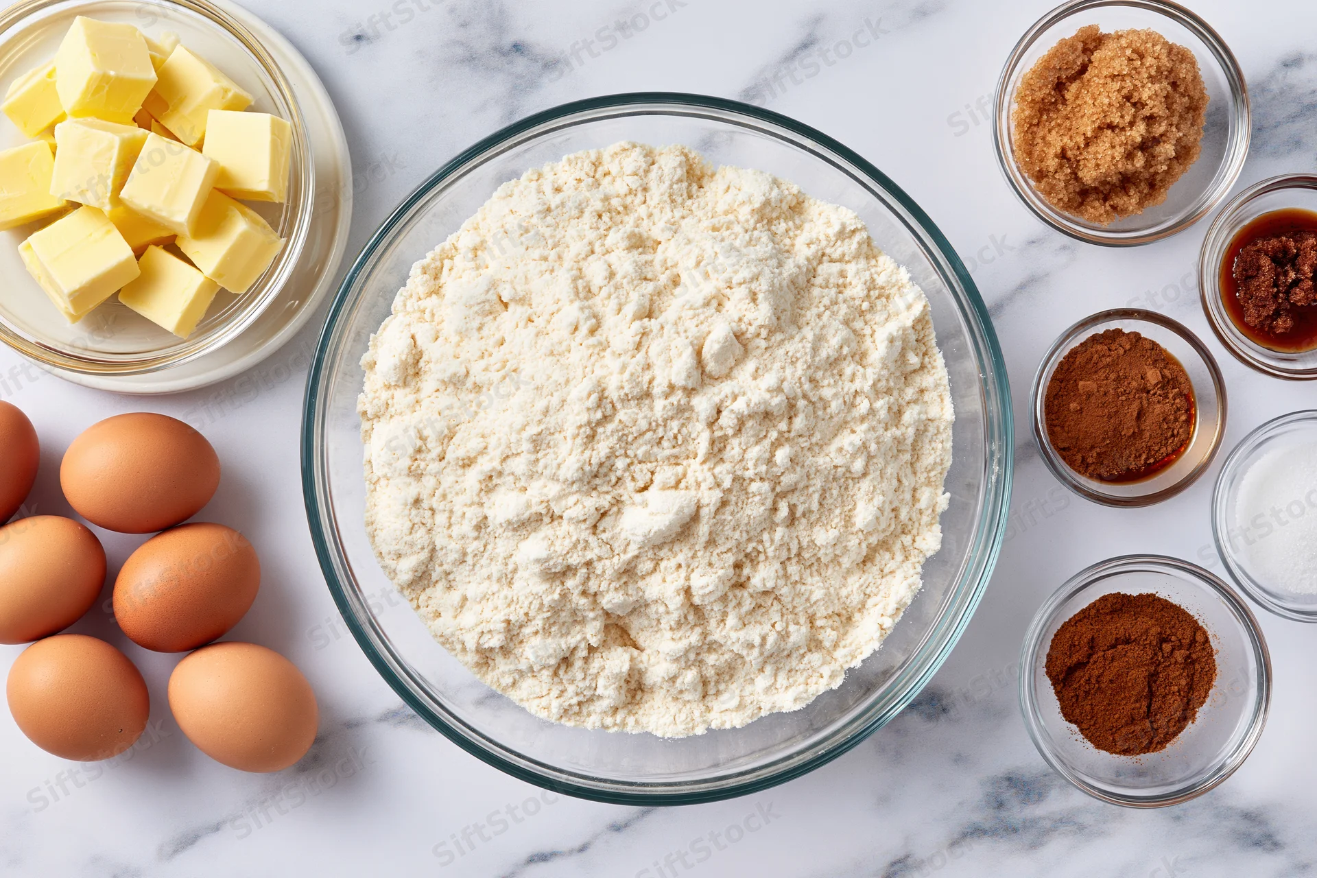 Baking ingredients arranged on a marble countertop with flour in a central bowl, surrounded by butter, eggs, sugar, cocoa, cinnamon, vanilla, and salt
