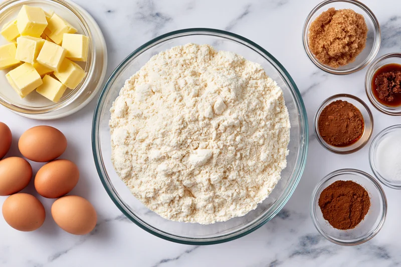 Baking ingredients arranged on a marble countertop with flour in a central bowl, surrounded by butter, eggs, sugar, cocoa, cinnamon, vanilla, and salt