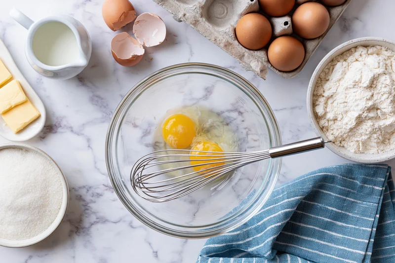 Cracked eggs in a glass bowl with whisk surrounded by baking ingredients on a marble countertop