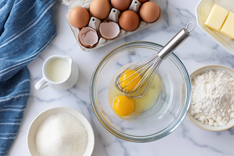 Eggs being whisked in a glass bowl surrounded by baking ingredients on a marble countertop