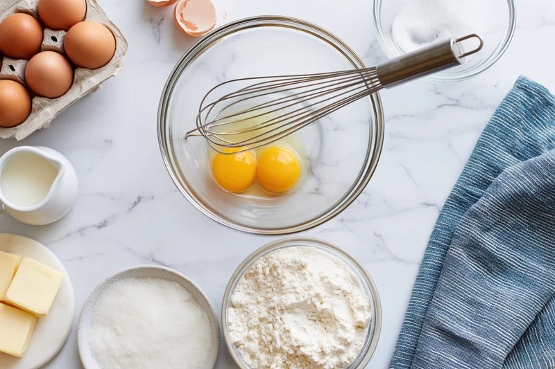 Baking ingredients arranged on a marble countertop with a whisk in a bowl of eggs