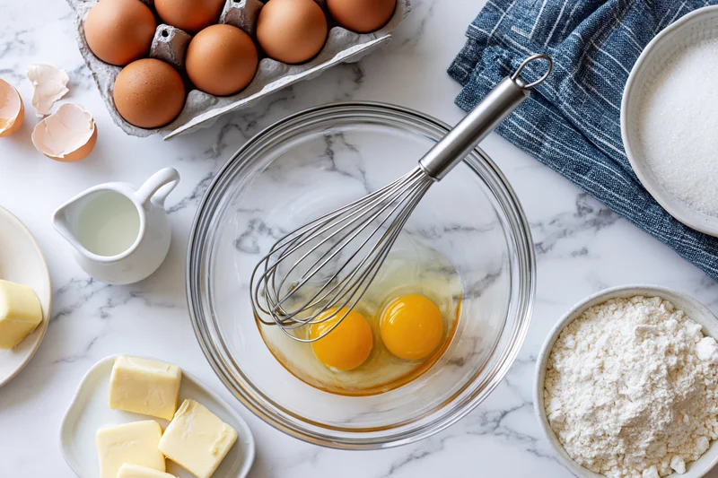 Cracked eggs in a glass bowl with whisk surrounded by baking ingredients on a marble countertop