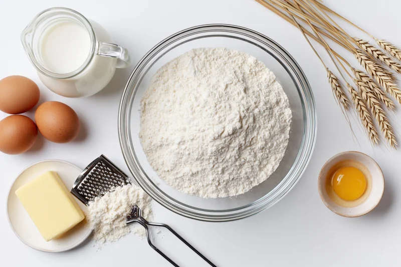 Flour in a glass bowl surrounded by baking ingredients on a white surface