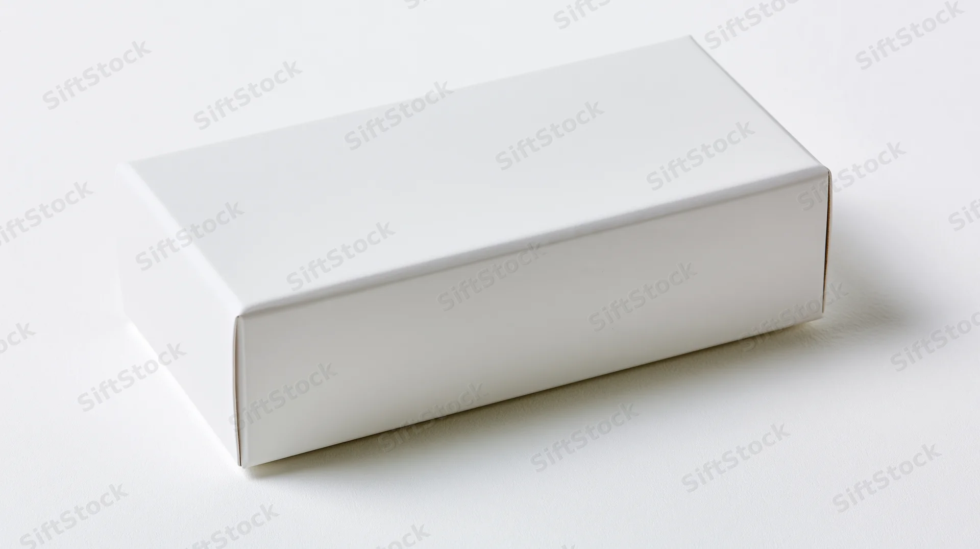 White rectangular box on plain white surface with soft shadow, blank and unbranded for product presentation