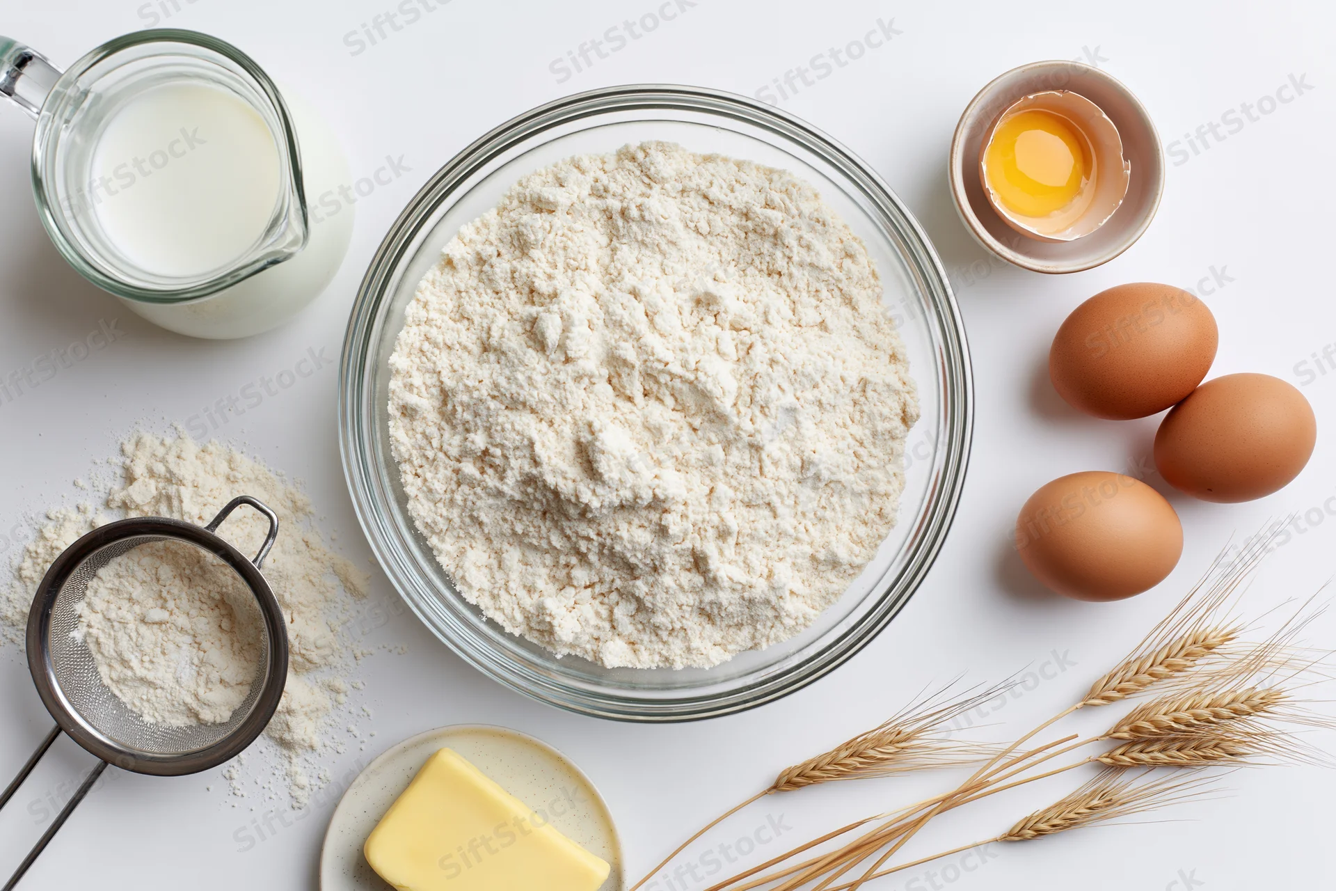 Baking ingredients arranged on white surface with flour, eggs, milk, butter, sieve and wheat stalks