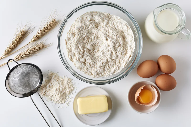 Baking ingredients arranged on a white countertop including flour, eggs, milk, butter, wheat stalks, and a sieve