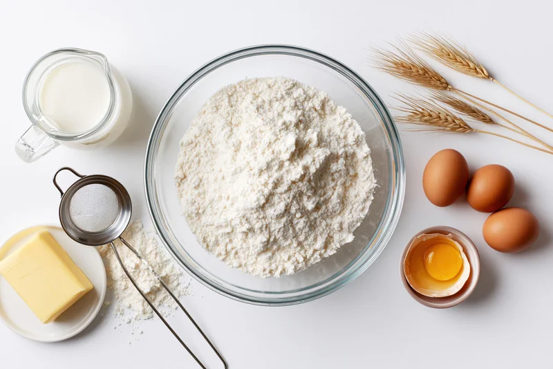 Baking ingredients arranged on white surface with flour in glass bowl, eggs, milk, butter, sieve and wheat stalks