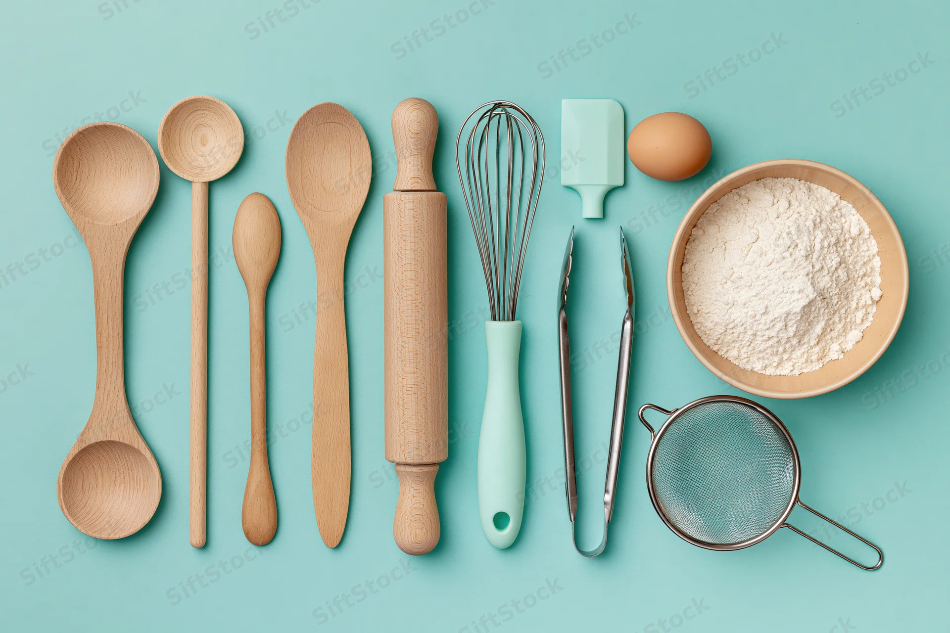 Wooden spoons, rolling pin, whisk, spatula, tongs, sieve, flour, and egg arranged in a flat lay on a mint background