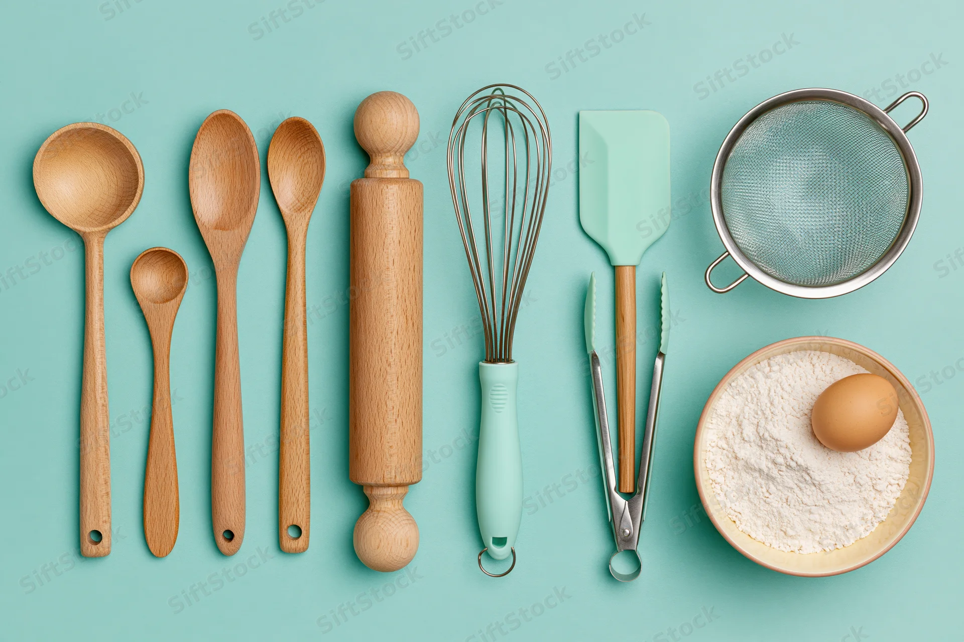 Wooden spoons, rolling pin, whisk, spatula, sieve, flour and egg arranged in a flat lay on a mint background