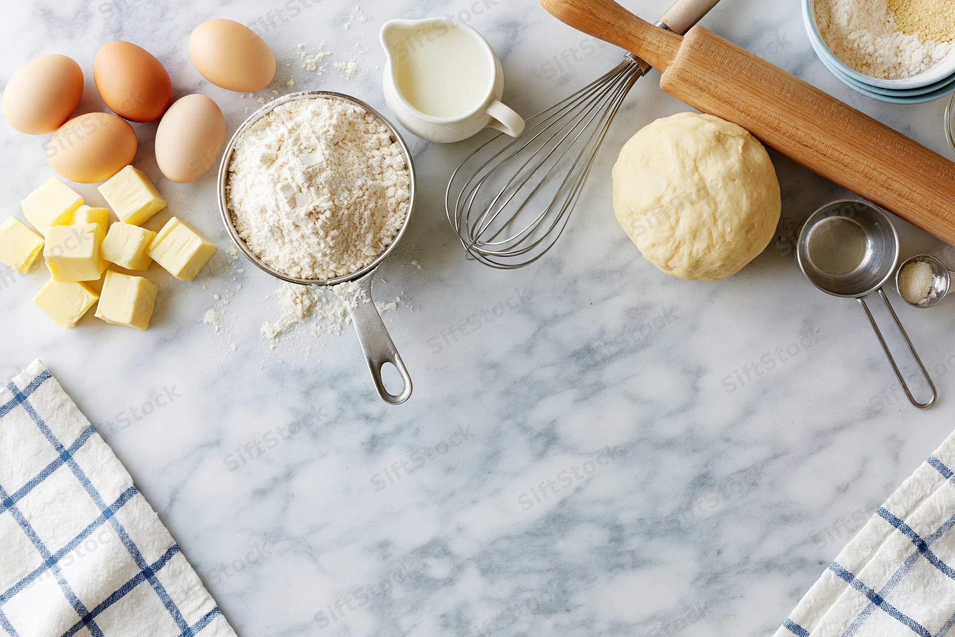 Baking ingredients arranged on a marble countertop with dough, rolling pin and utensils
