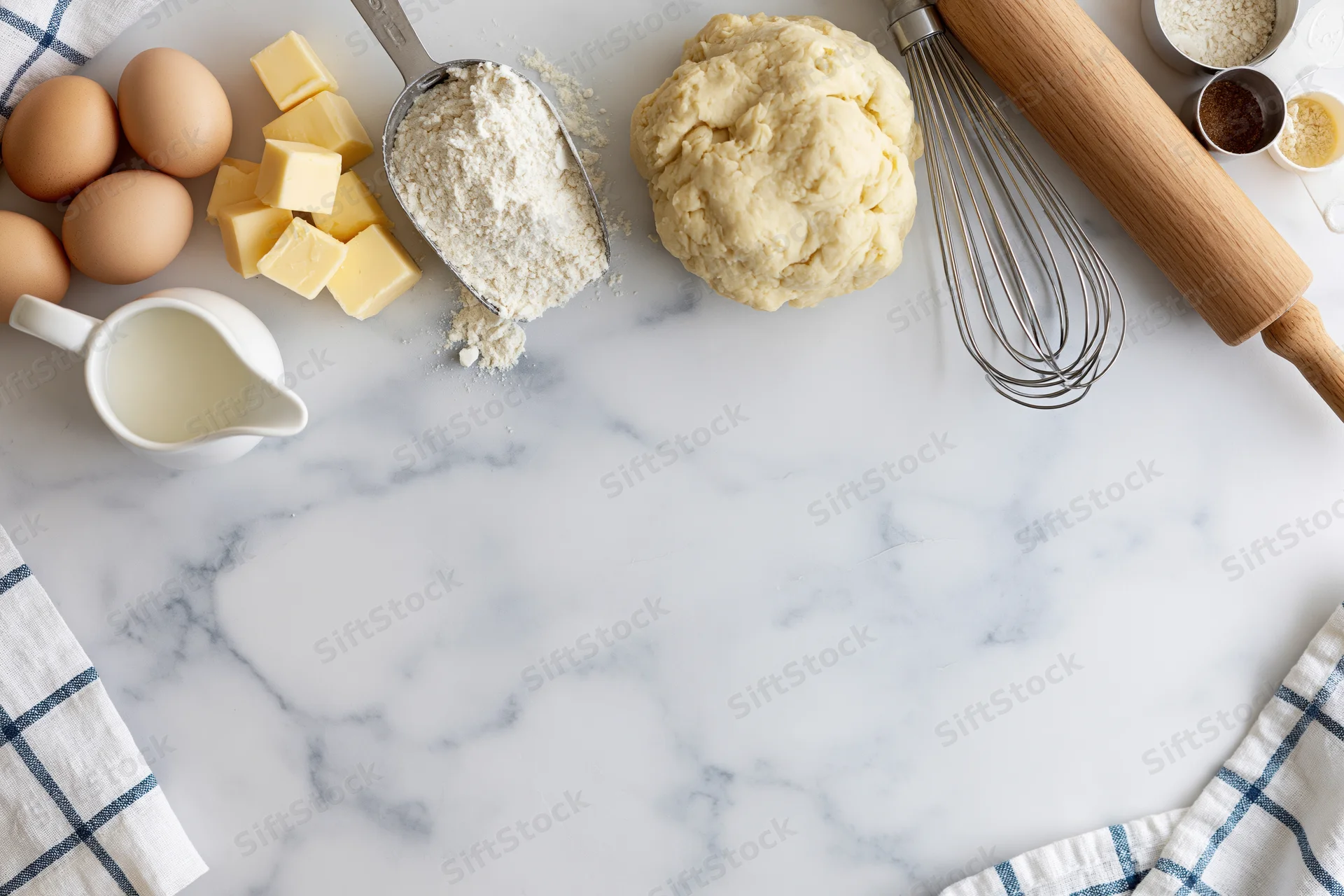 Dough ball and baking ingredients arranged on a marble countertop with copyspace