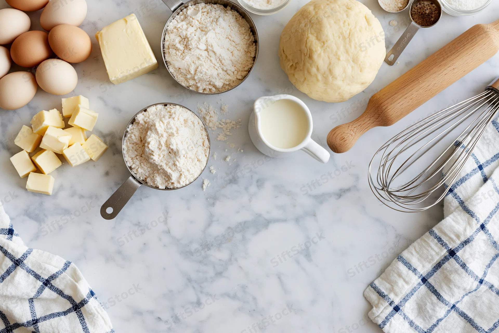 Baking ingredients arranged on a marble countertop with tools and copyspace