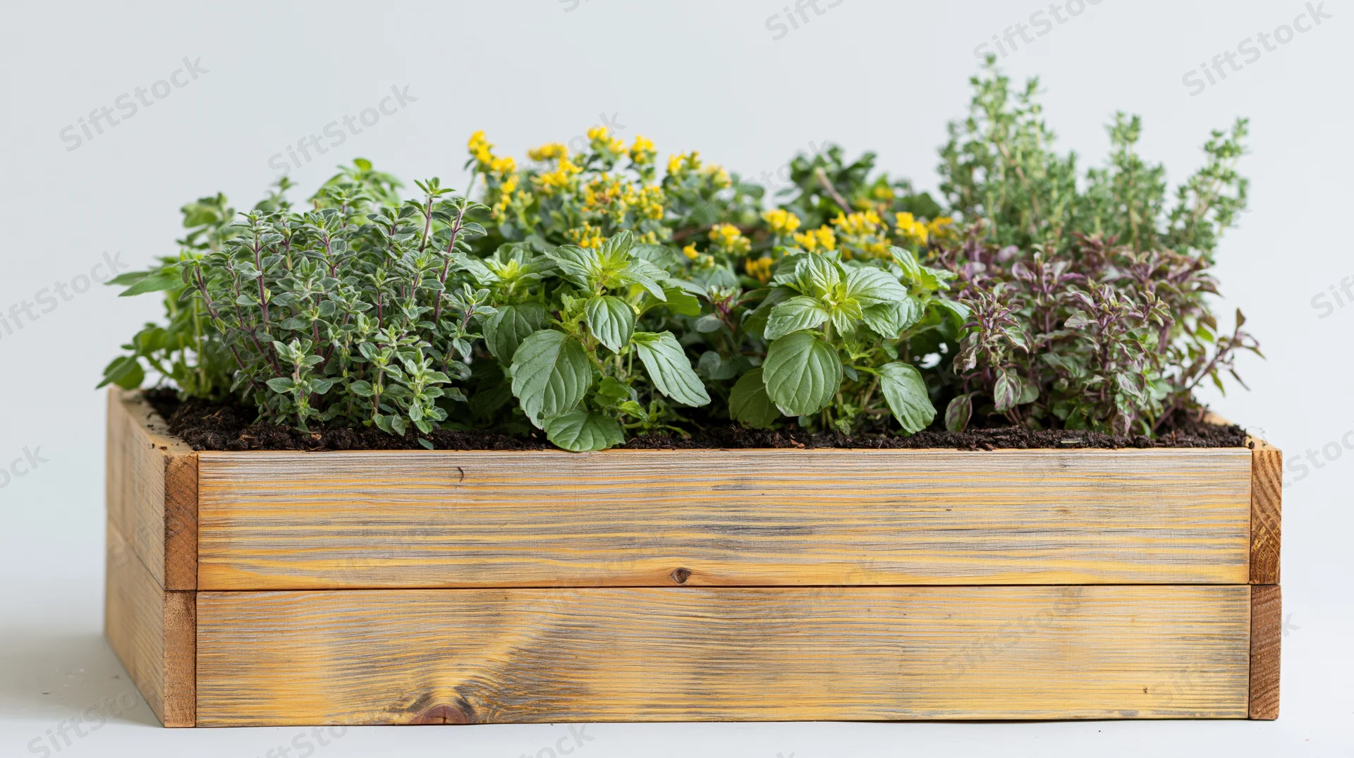 Wooden planter box filled with various fresh herbs on a white background