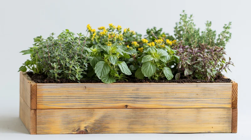 Wooden planter box filled with various fresh herbs on a white background