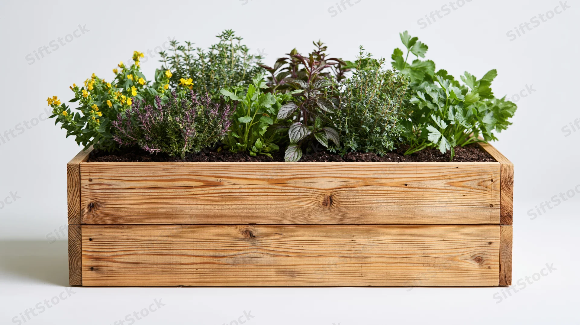 Wooden planter box filled with various fresh herbs and small flowers on white background