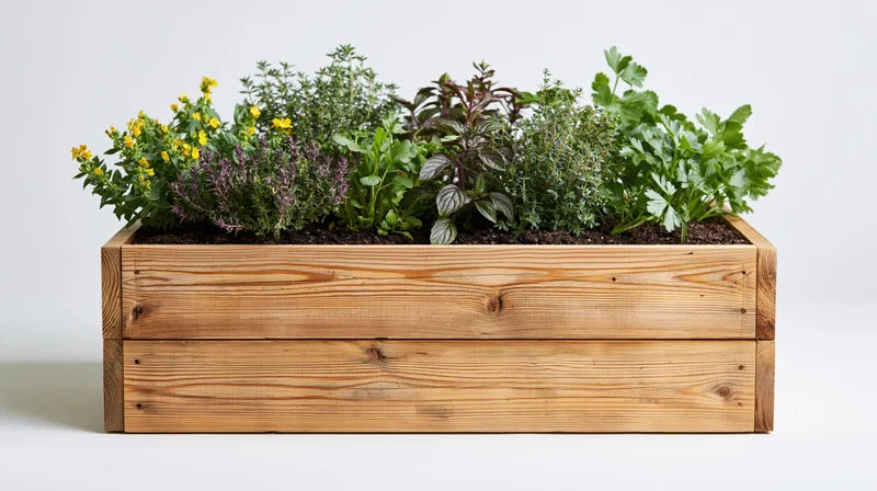 Wooden planter box filled with various fresh herbs and small flowers on white background