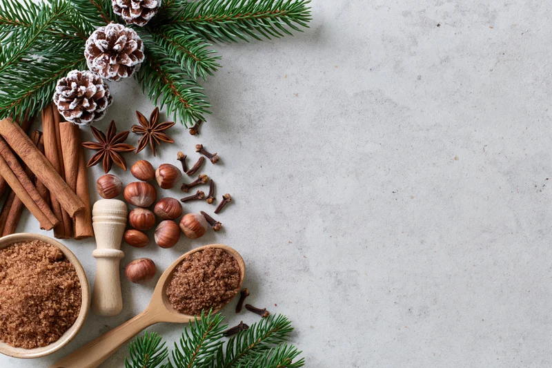 Christmas spices and pine branches arranged on a light surface with copyspace