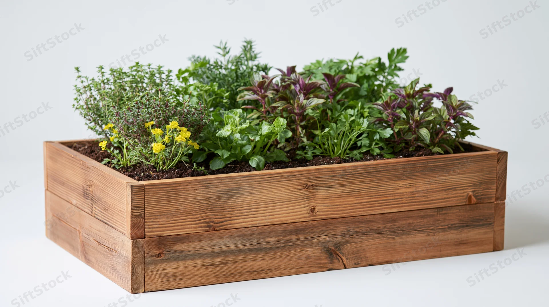 Wooden raised garden box filled with growing herbs and green plants on white background