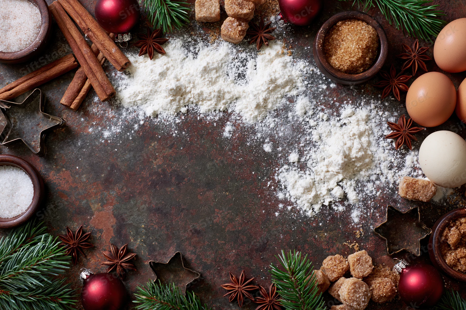 Christmas baking ingredients arranged on rustic tabletop with copyspace