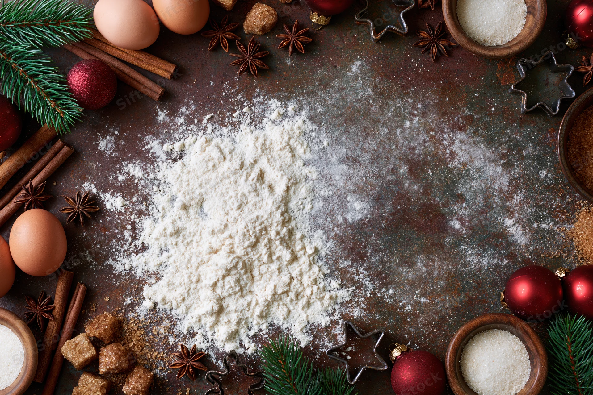 Flour and baking ingredients arranged around a rustic countertop with christmas decorations