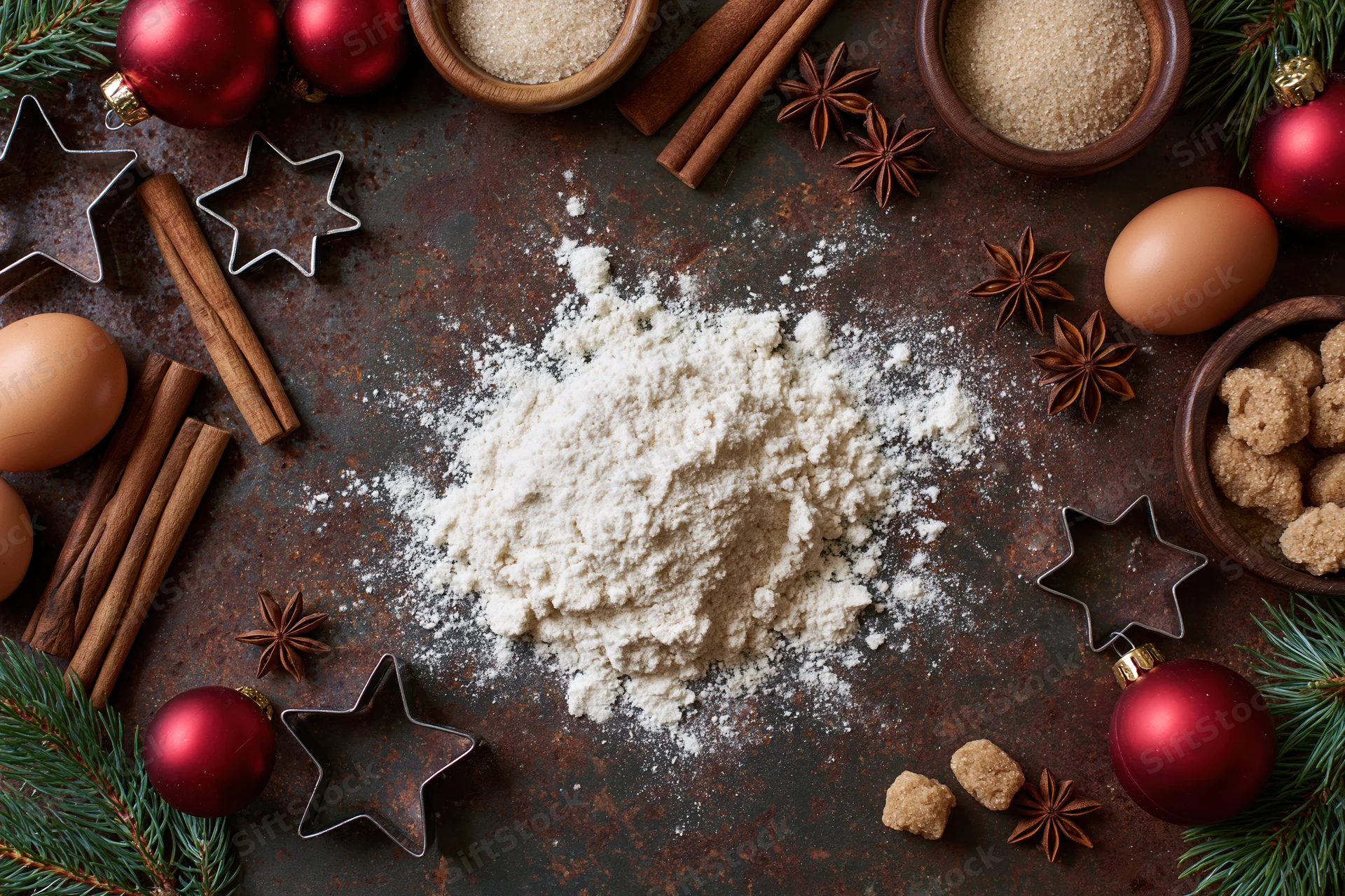 Flour pile surrounded by baking ingredients and christmas decorations on rustic surface
