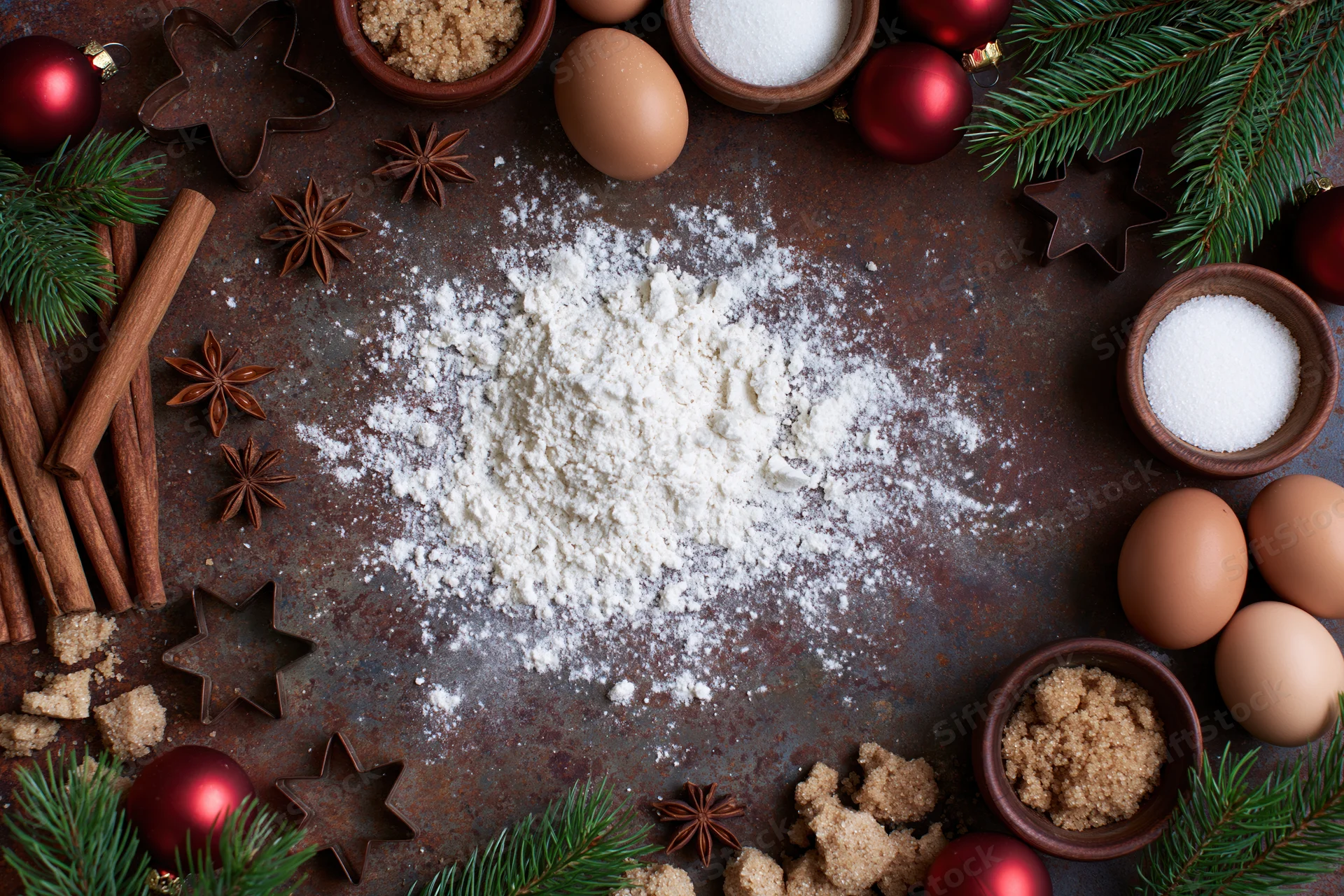 Flour and baking ingredients arranged with christmas decorations on a rustic surface