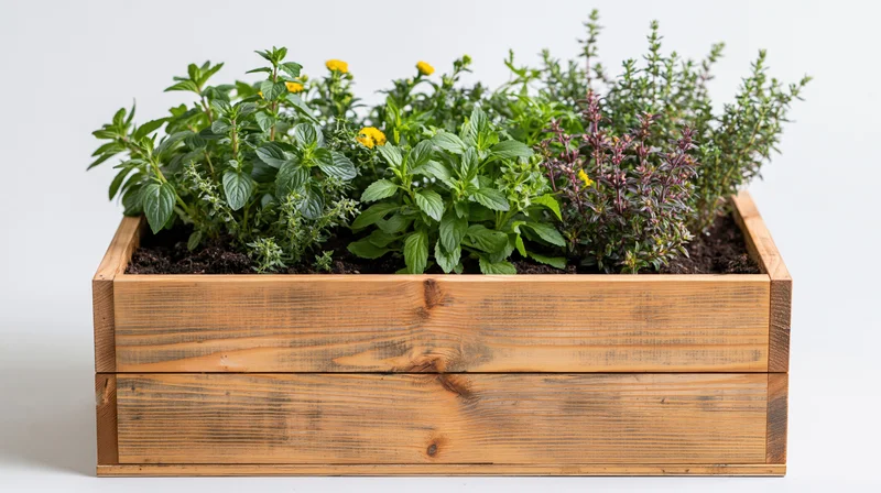 Wooden planter box filled with various fresh herbs growing in soil against white background