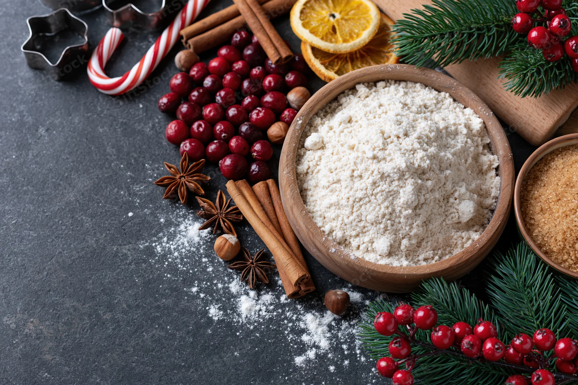 Flour and baking ingredients arranged with christmas decorations on dark countertop