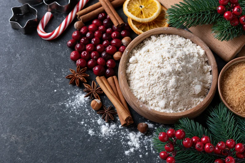 Flour and baking ingredients arranged with christmas decorations on dark countertop