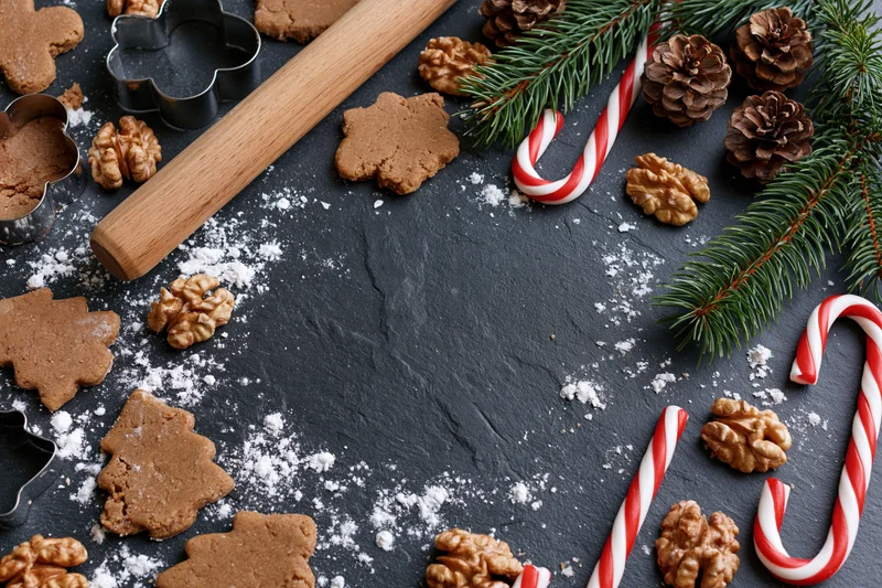 Gingerbread cookies shaped like trees and stars with candy canes, pine cones, walnuts and cookie cutters on a dark slate surface dusted with flour