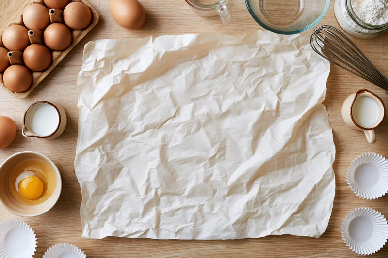 Crumpled parchment paper on wooden table surrounded by baking ingredients and tools