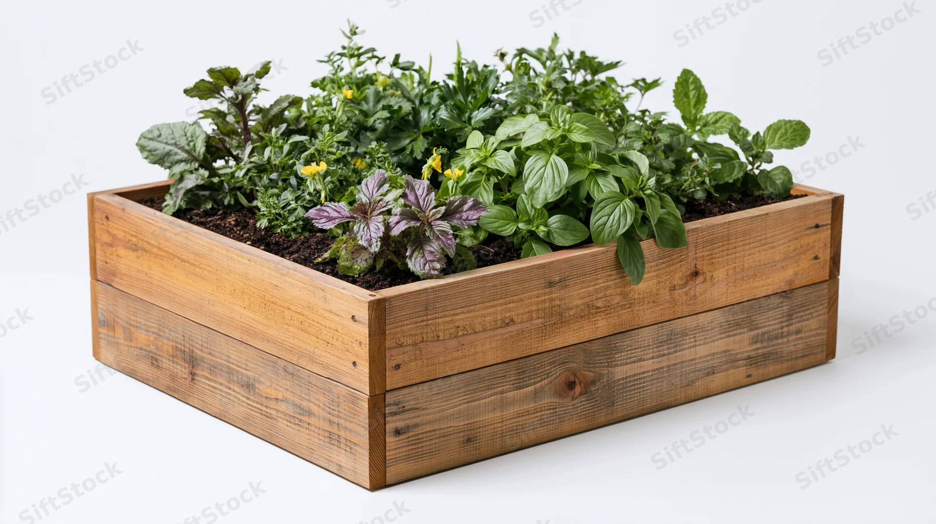 Wooden planter box filled with various herbs and leafy greens on white background