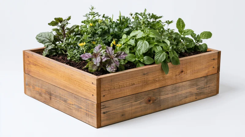 Wooden planter box filled with various herbs and leafy greens on white background