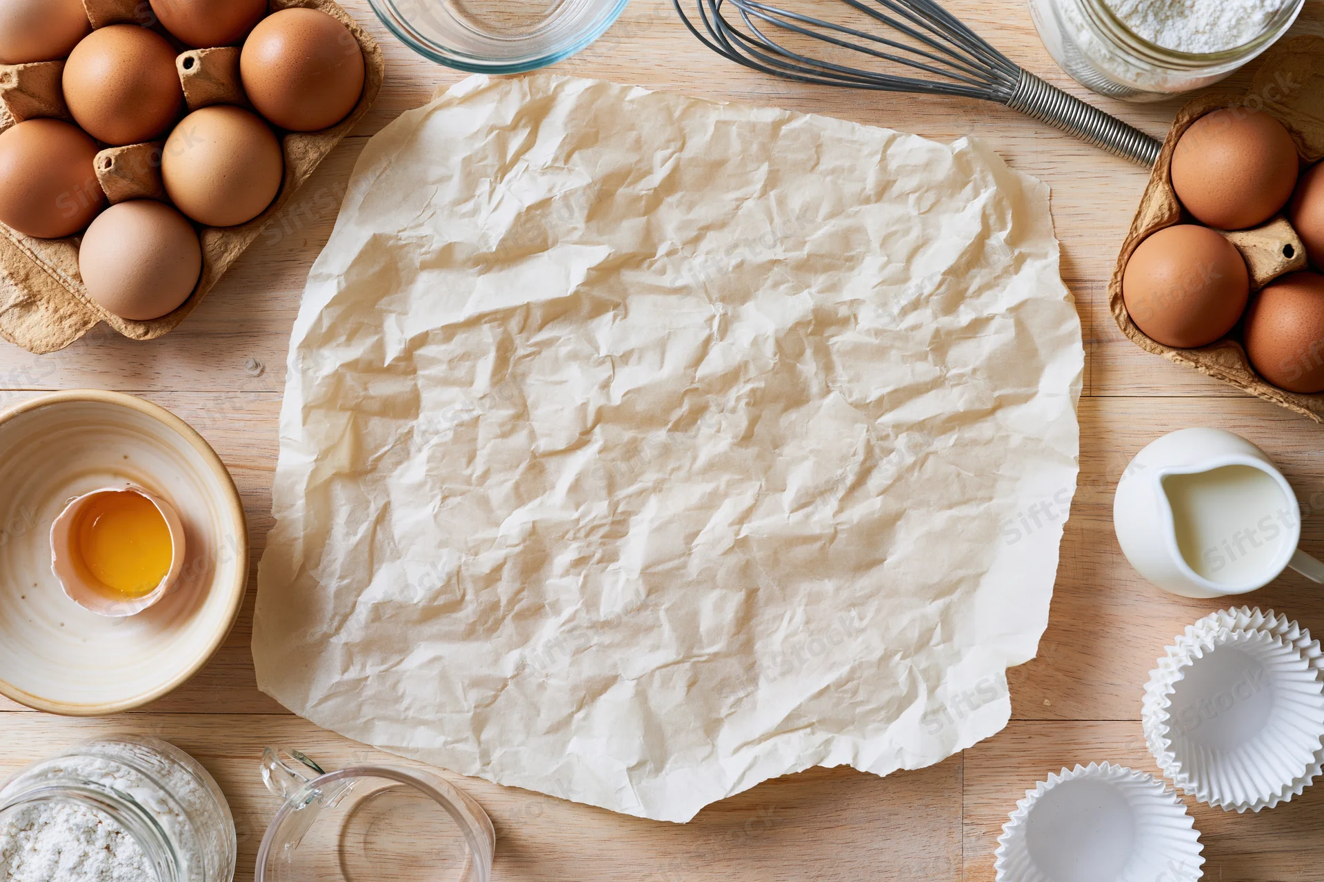 Crumpled parchment paper on wooden countertop surrounded by baking ingredients and tools