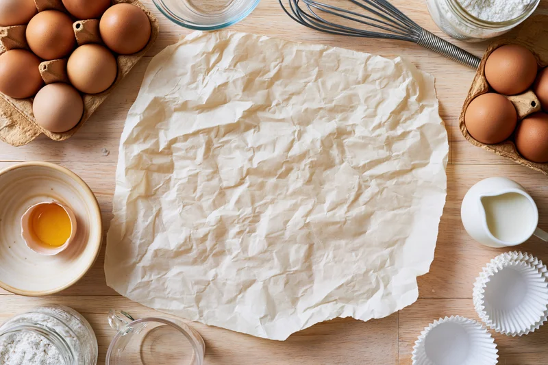 Crumpled parchment paper on wooden countertop surrounded by baking ingredients and tools