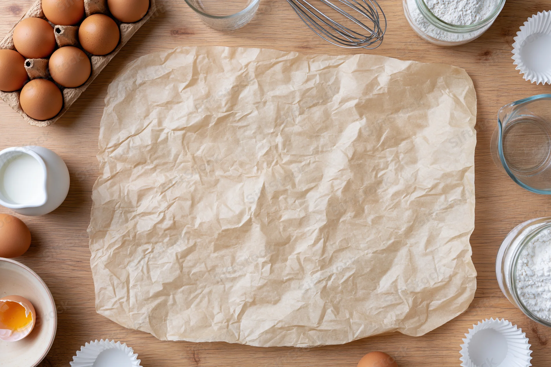 Crumpled parchment paper on wooden countertop surrounded by baking ingredients and tools