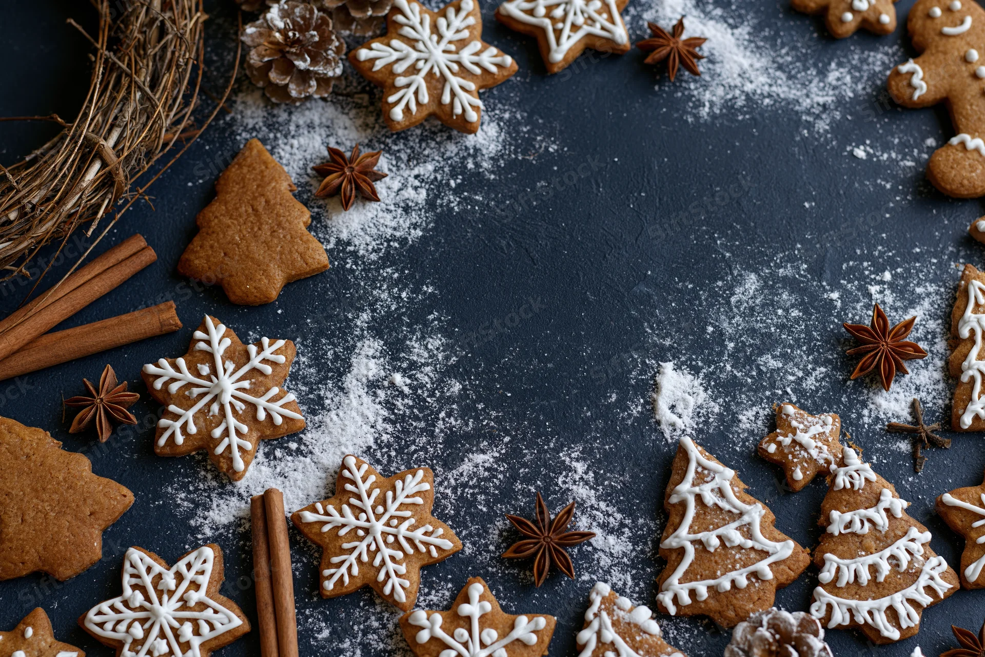 Gingerbread cookies shaped as snowflakes and trees arranged with cinnamon sticks and star anise on a dark surface dusted with powdered sugar