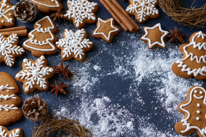 Gingerbread cookies shaped as snowflakes and stars arranged with cinnamon sticks and pinecones on a dark blue surface dusted with powdered sugar